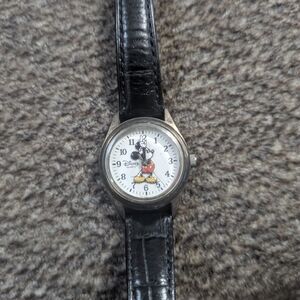 Disney Mickey Mouse Watch with Black Leather Strap